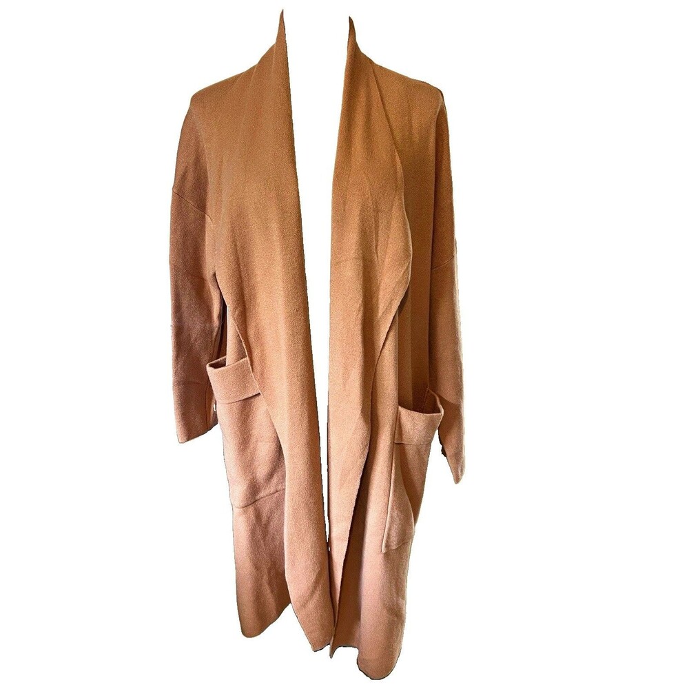 By Design Camel Long Open Front Coatigan Cardigan Pockets L M16512M Minimalist